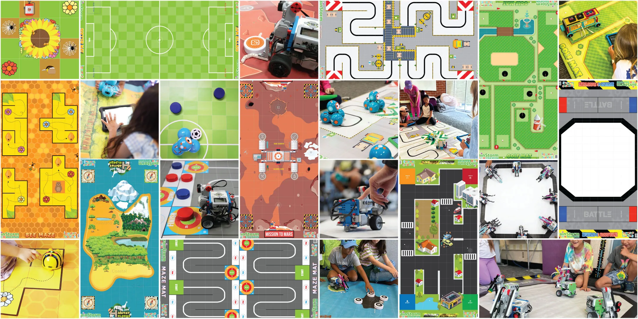 Robotics Activity Mats with mission-based layouts and small robots.