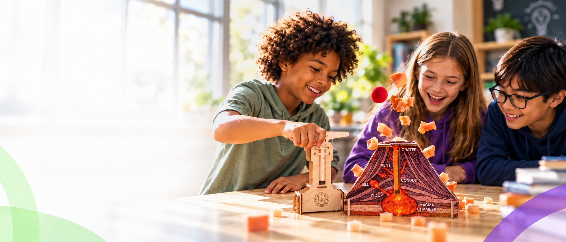 Students explore a wooden STEM build and a model volcano together.