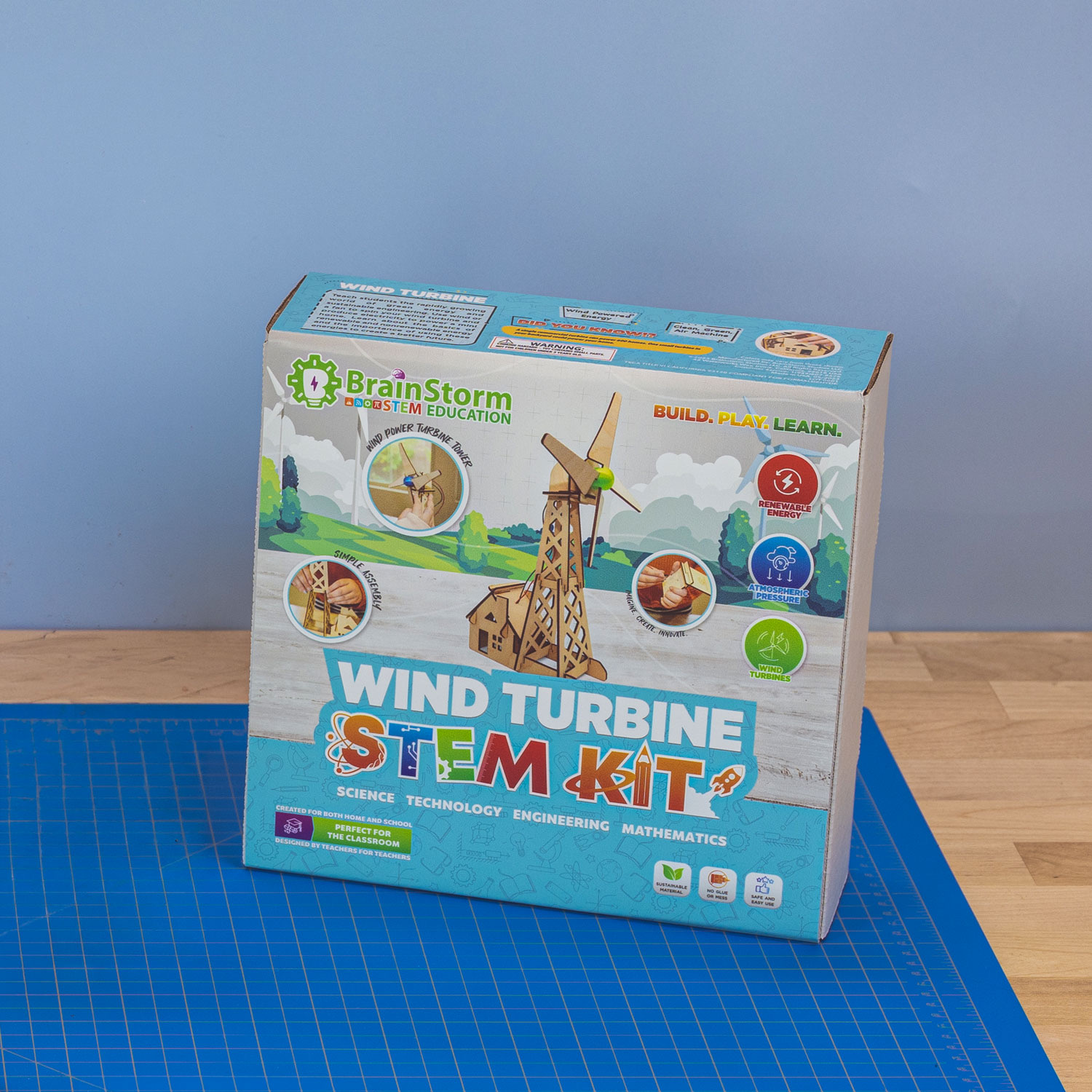 A boxed BrainStorm wind turbine kit ready for a student to open.
