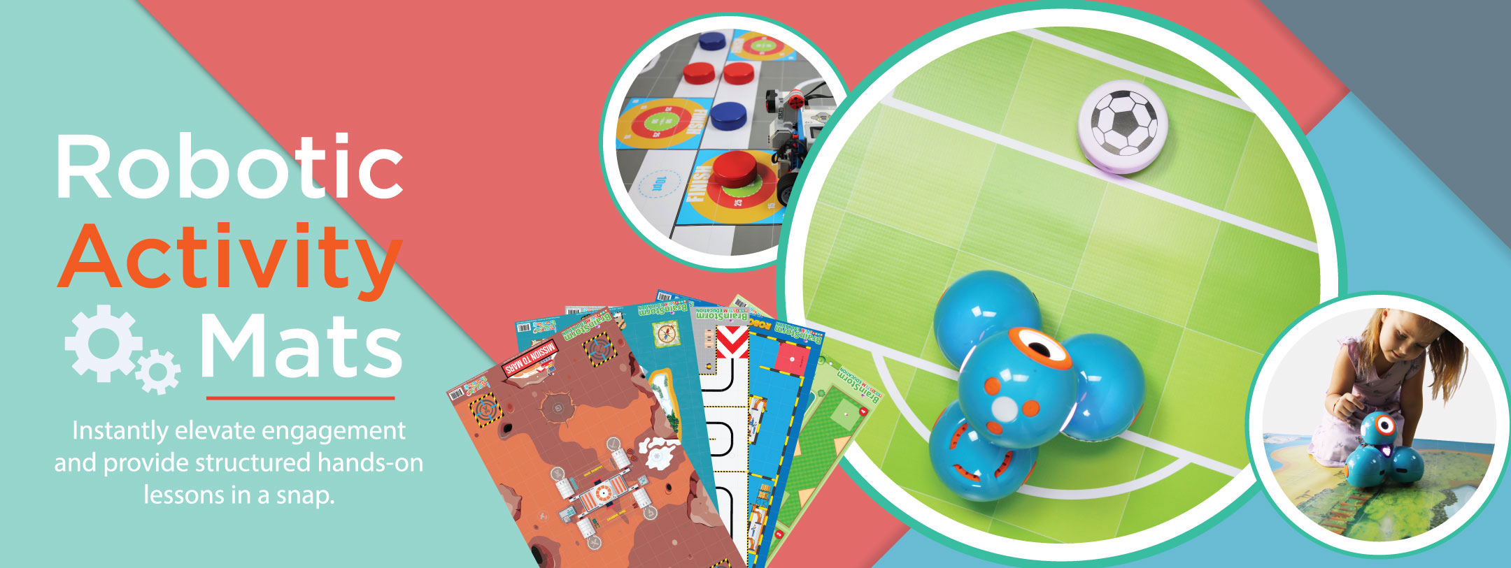 A Robotic Activity Mats banner showing a soccer-themed activity mat with a Dash robot, plus smaller photos of a maze mat and a student using a tablet with a robot.