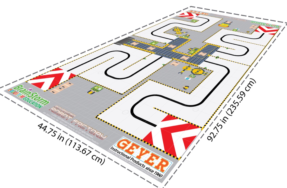 The full Advanced Robot Factory activity mat shown in perspective with multiple routes and challenge zones.
