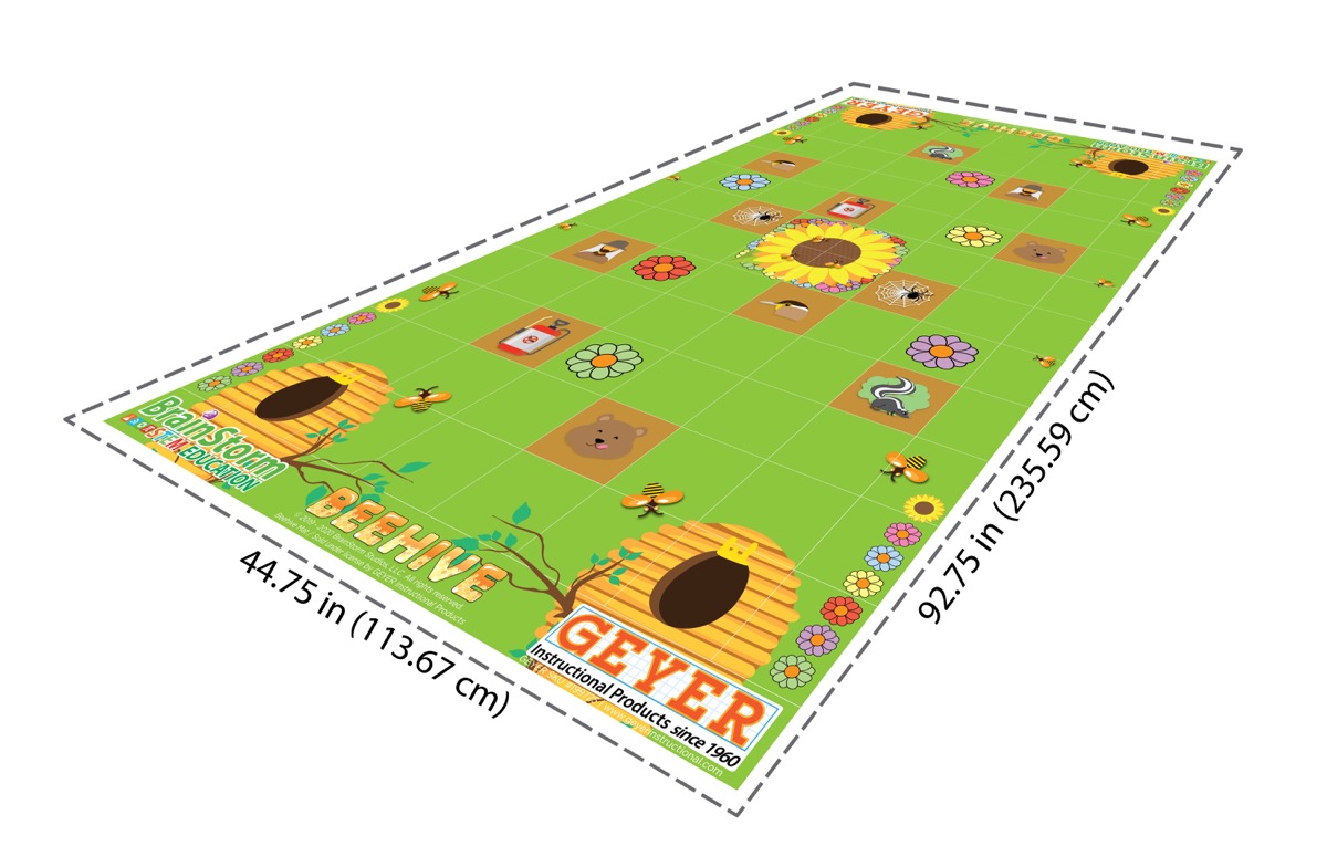 The full Beehive activity mat shown in perspective with a grid, flowers, animals, and hive objectives.