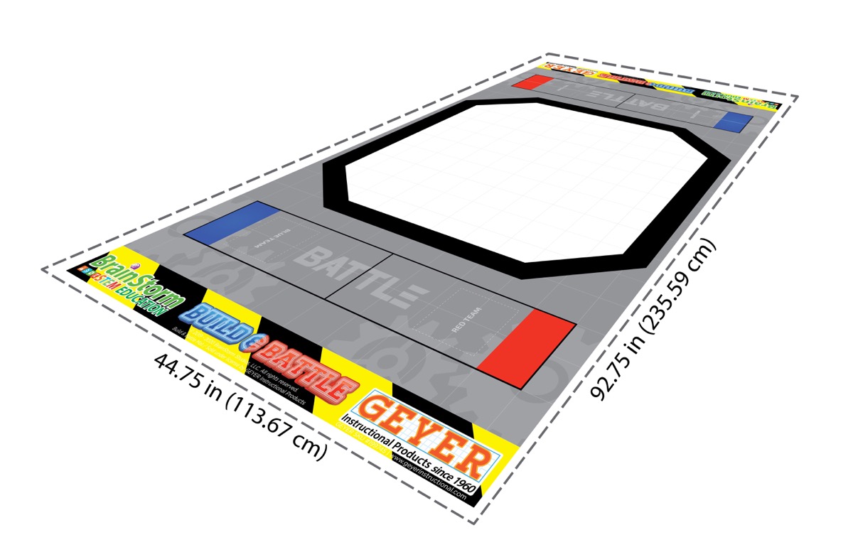 The full Build and Battle activity mat shown in perspective with a central arena and team zones.