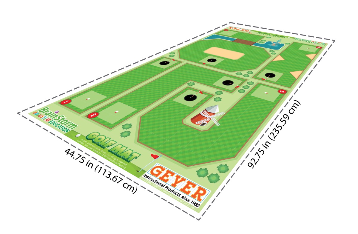The full Golf activity mat shown in perspective with six holes, hazards, and starting areas.