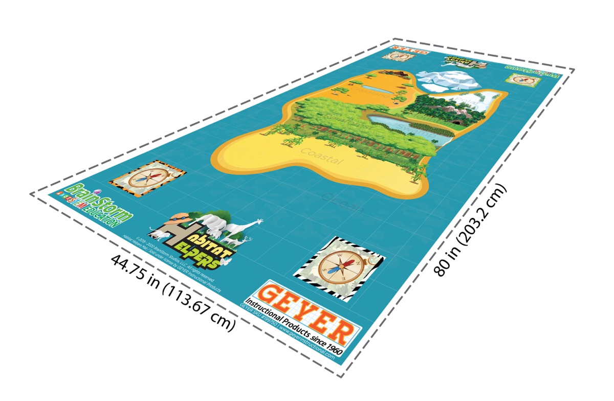 The full Habitat Helpers robotic activity mat shown in perspective with multiple ecosystems and compass targets.