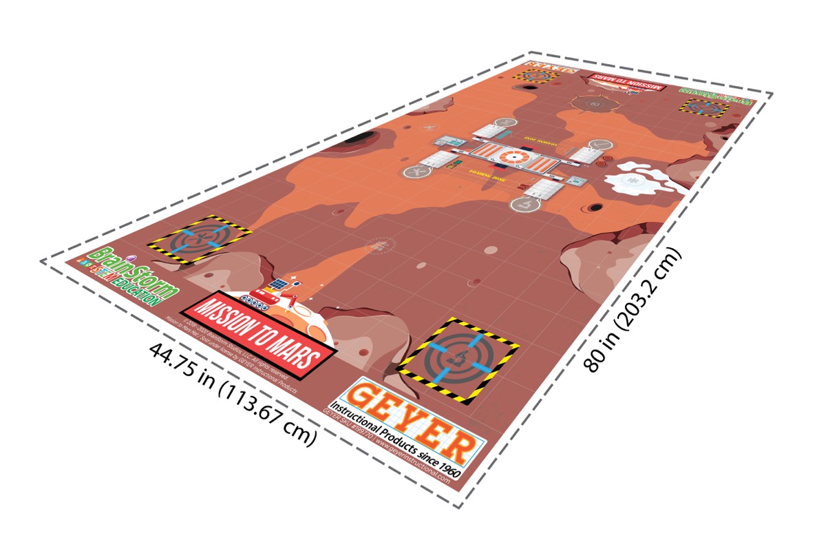 The full Mission to Mars robotic activity mat shown in perspective with a Mars base and mission targets.