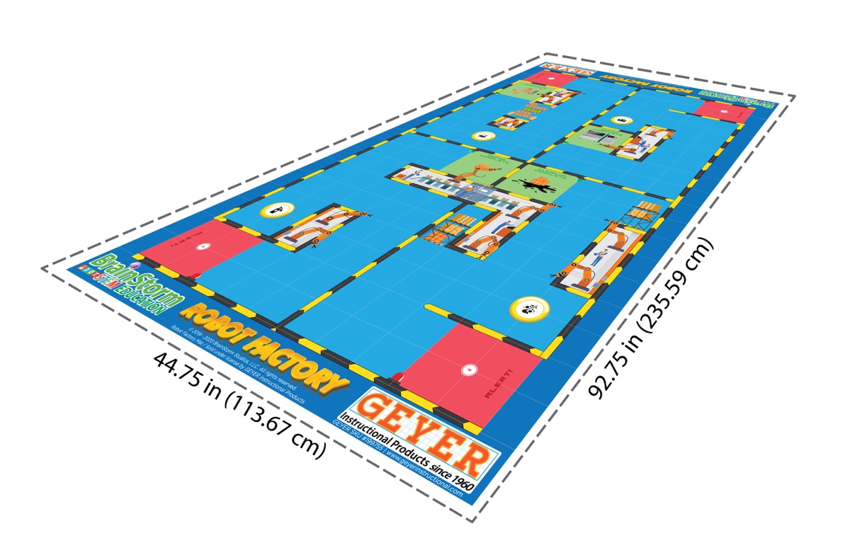 The full Robot Factory activity mat shown in perspective with repair stations, routes, and factory objectives.
