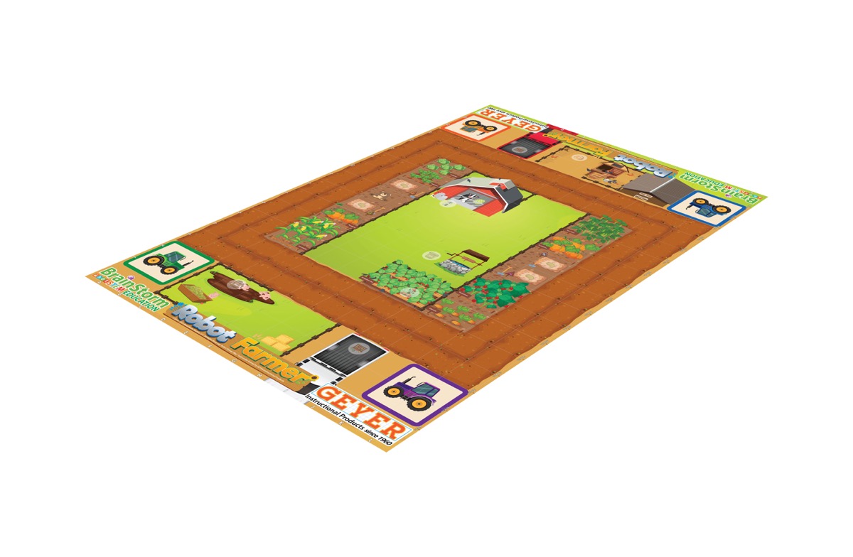 The full Robot Farmer activity mat shown in perspective with crops, farm routes, and mission areas.
