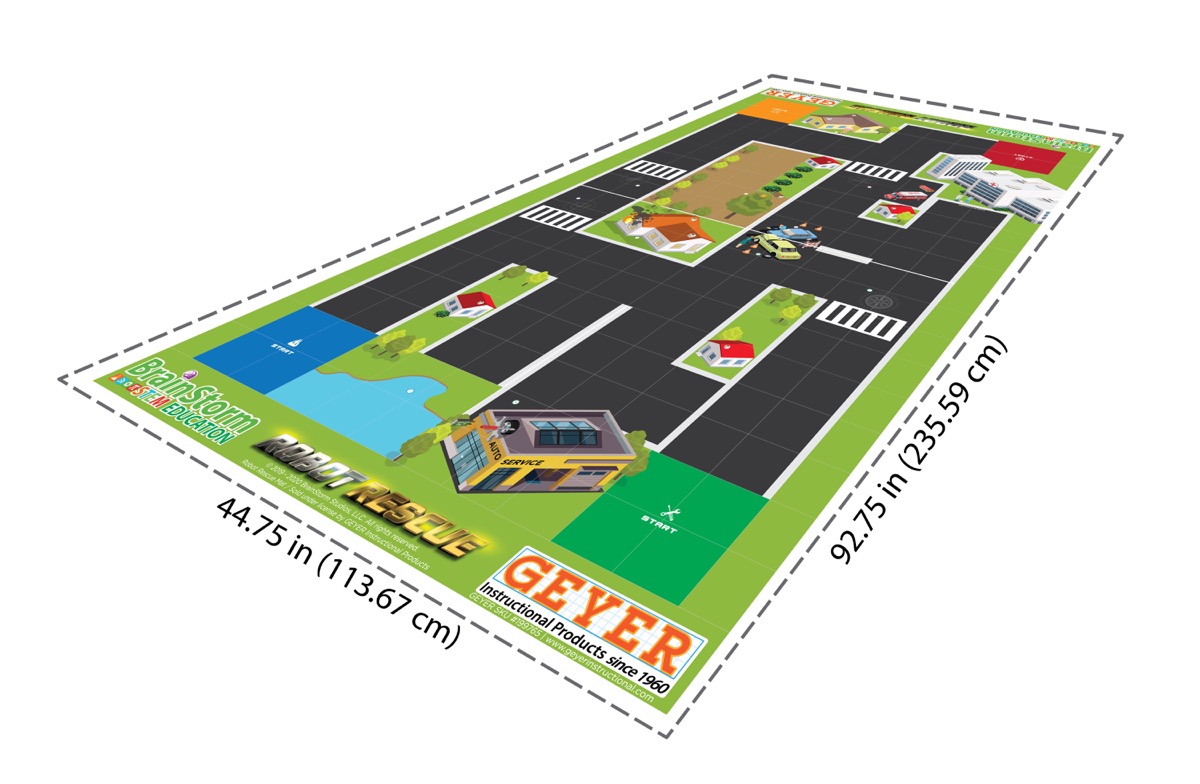 The full Robot Rescue activity mat shown in perspective with city streets and emergency mission locations.