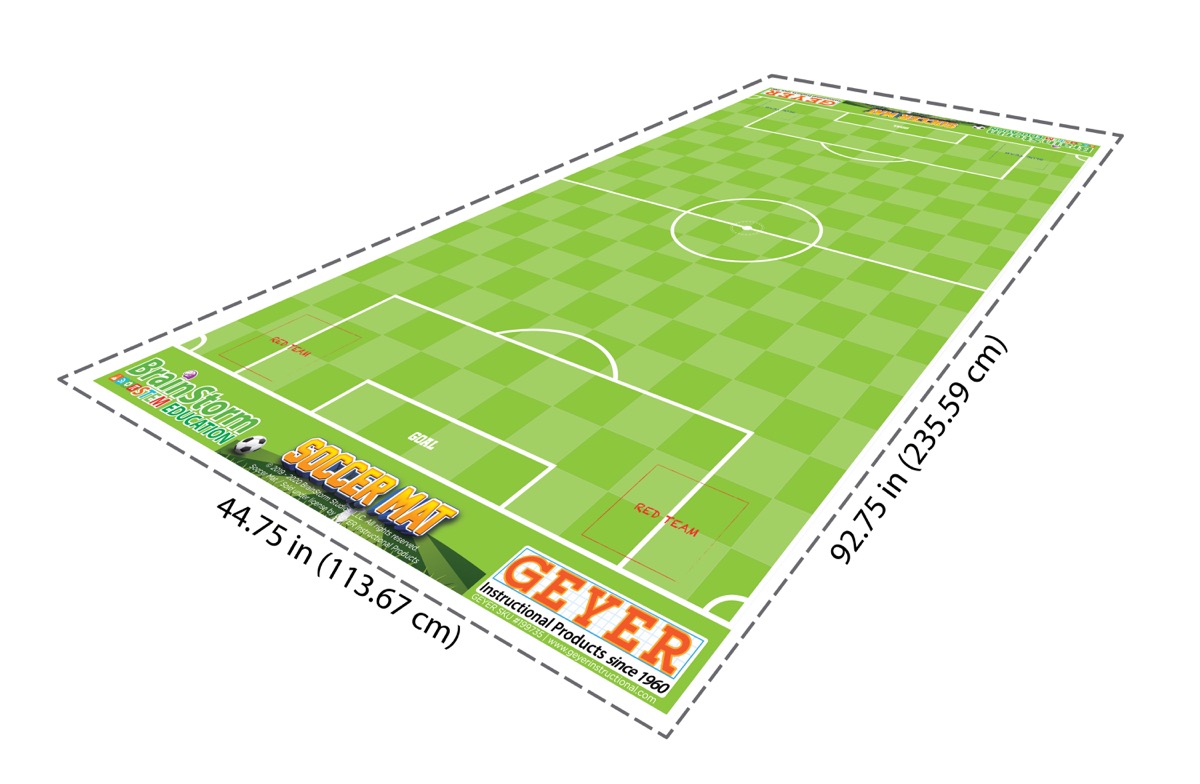 The full Robot Soccer activity mat shown in perspective with a field, goals, and team zones.