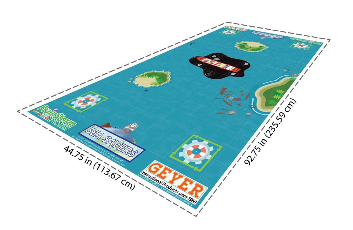 The full Sea Savers activity mat shown in perspective with islands, cleanup targets, and ocean obstacles.