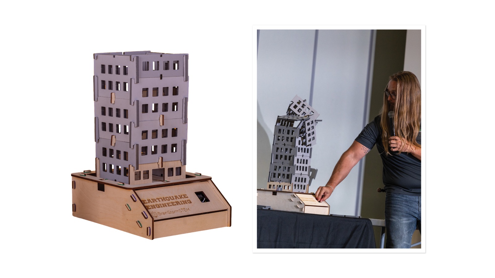 The GIANT earthquake engineering model shown beside a teacher demonstrating it.