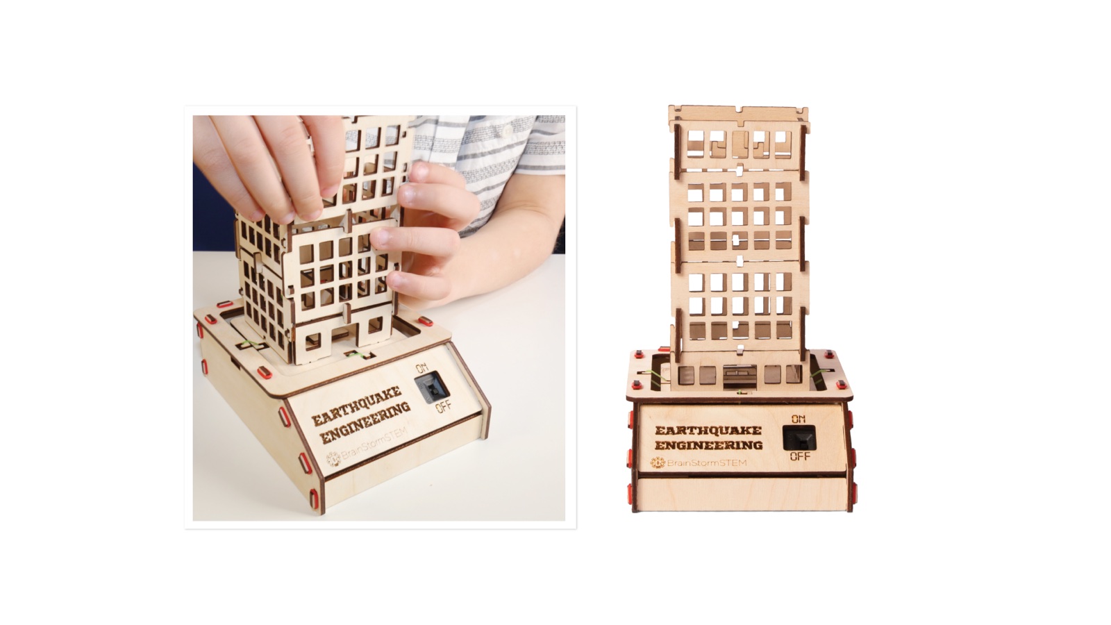 A student assembling an earthquake engineering model beside the completed STEM build.