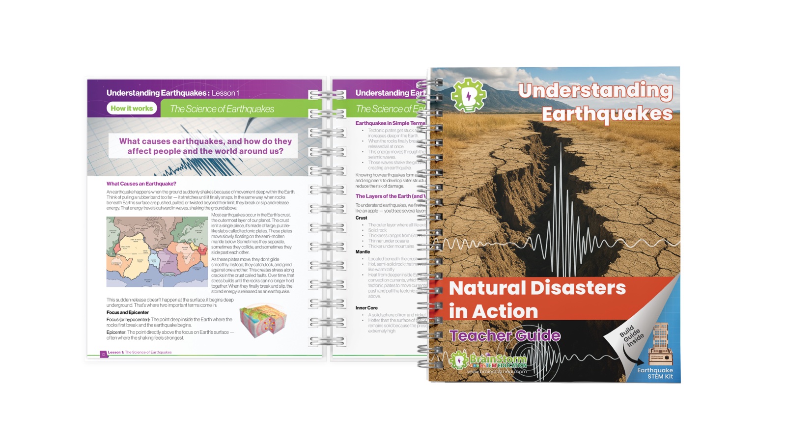 An open TotalSTEM Understanding Earthquakes textbook shown beside its teacher guide.